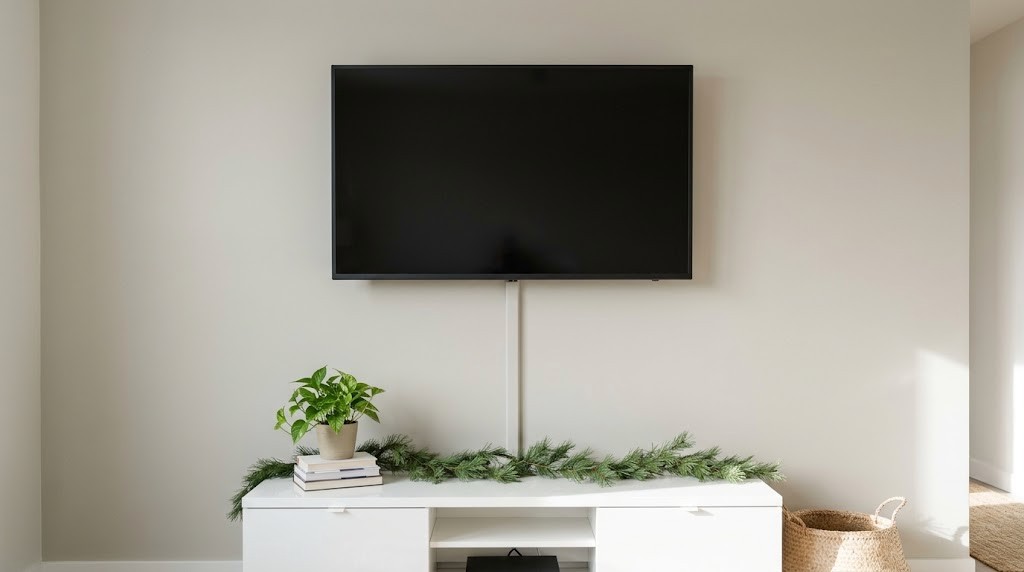 Hide living room eyesores with a slim cord cover running down the wall under a TV