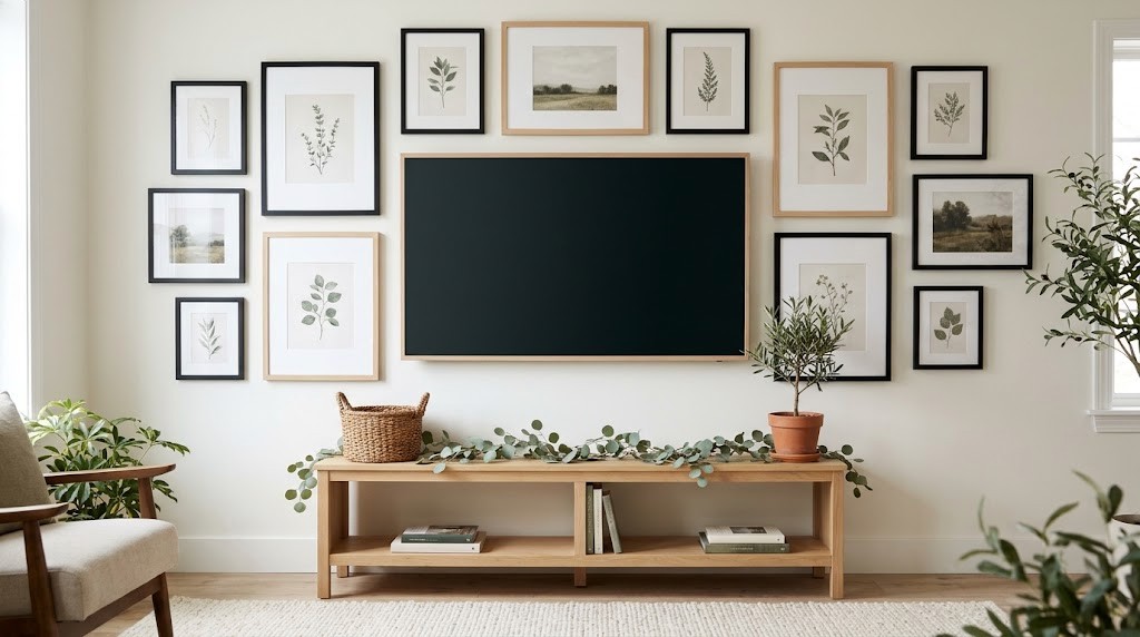 Hide living room eyesores by surrounding the TV with a gallery wall of frames