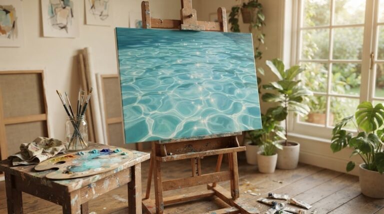 Two Year Painting inspired AI image of a realistic water painting on an easel in a sunny studio