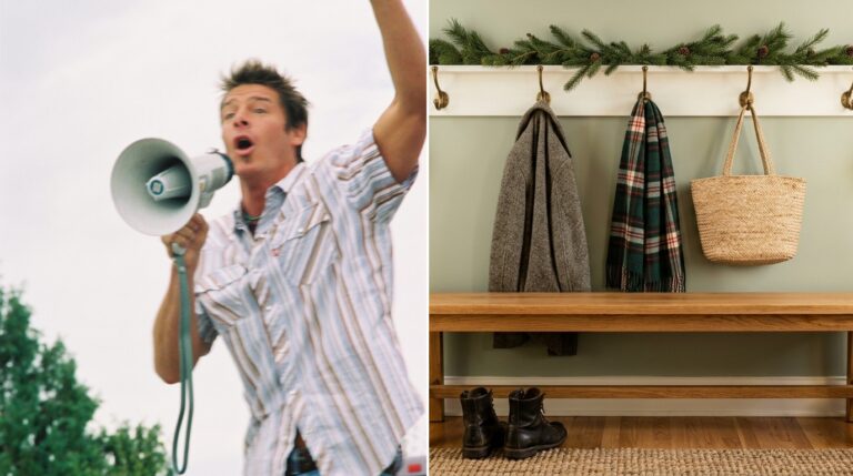 Ty Pennington Home Fixes entryway with a wooden bench and hook rail