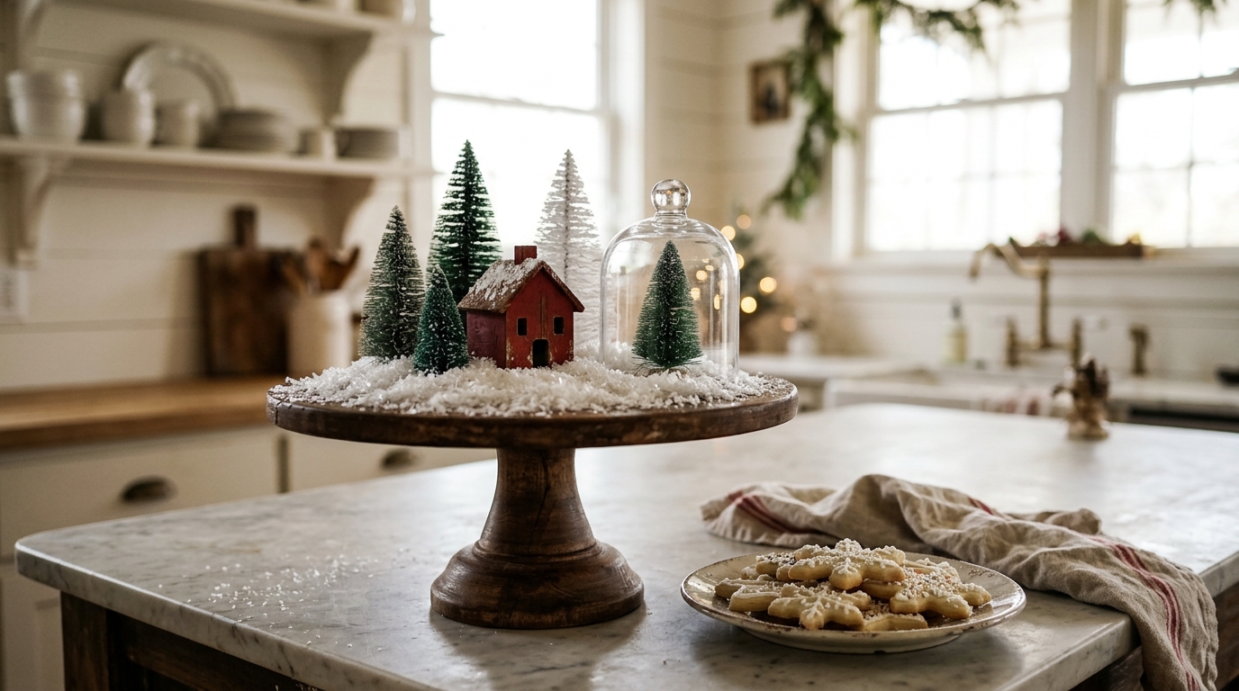 Wooden cake stand holding a tiny snowy village scene with bottle brush trees on a kitchen island