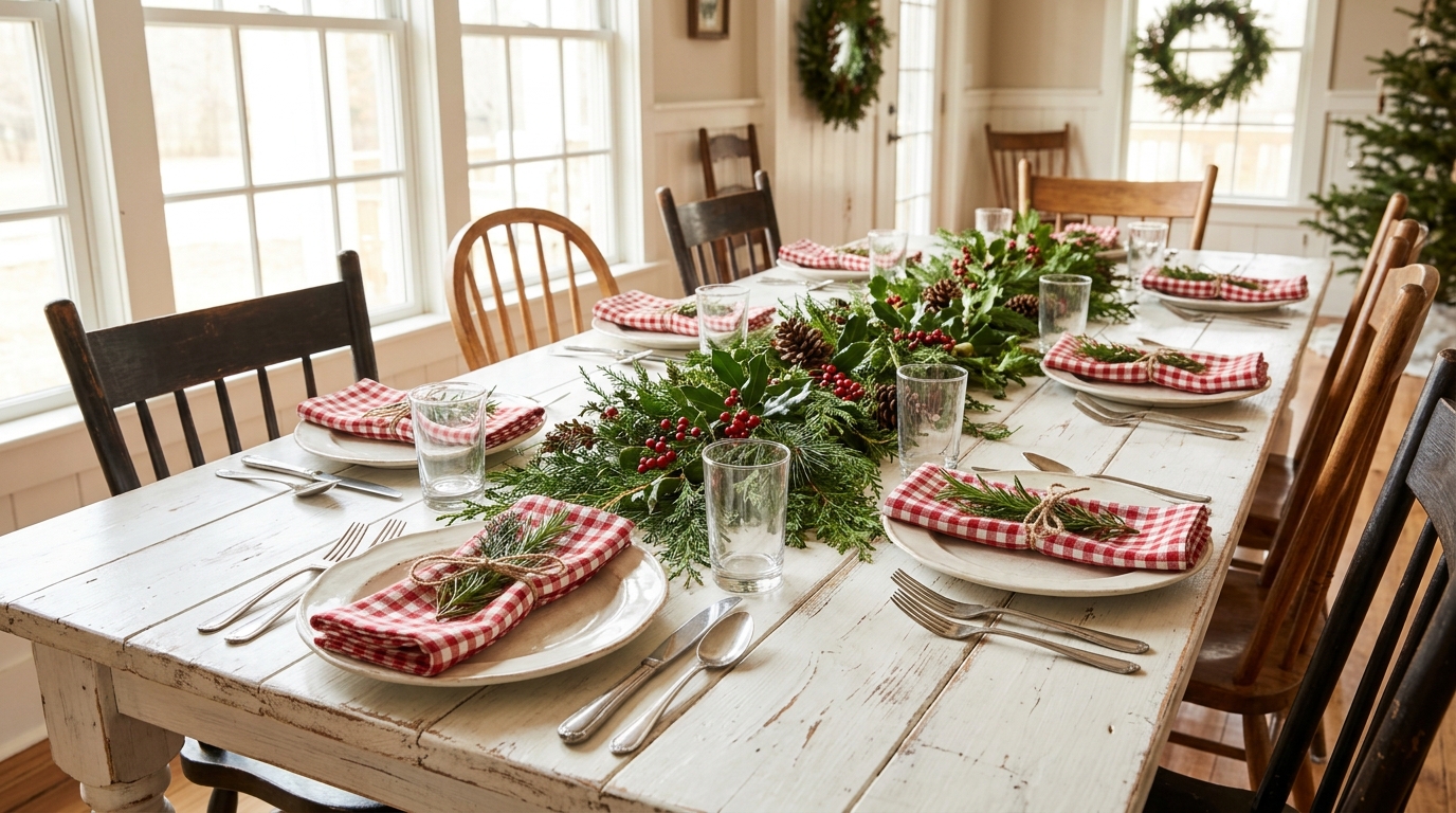 Red check napkins tied with rosemary and cedar on white plates at a farmhouse Christmas table