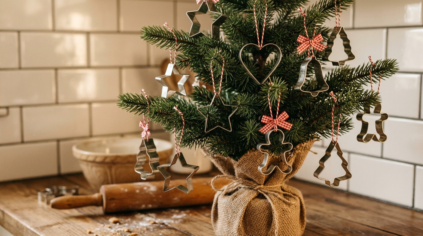 Trisha Yearwood Christmas inspired tabletop tree hung with vintage metal cookie cutters on red twine