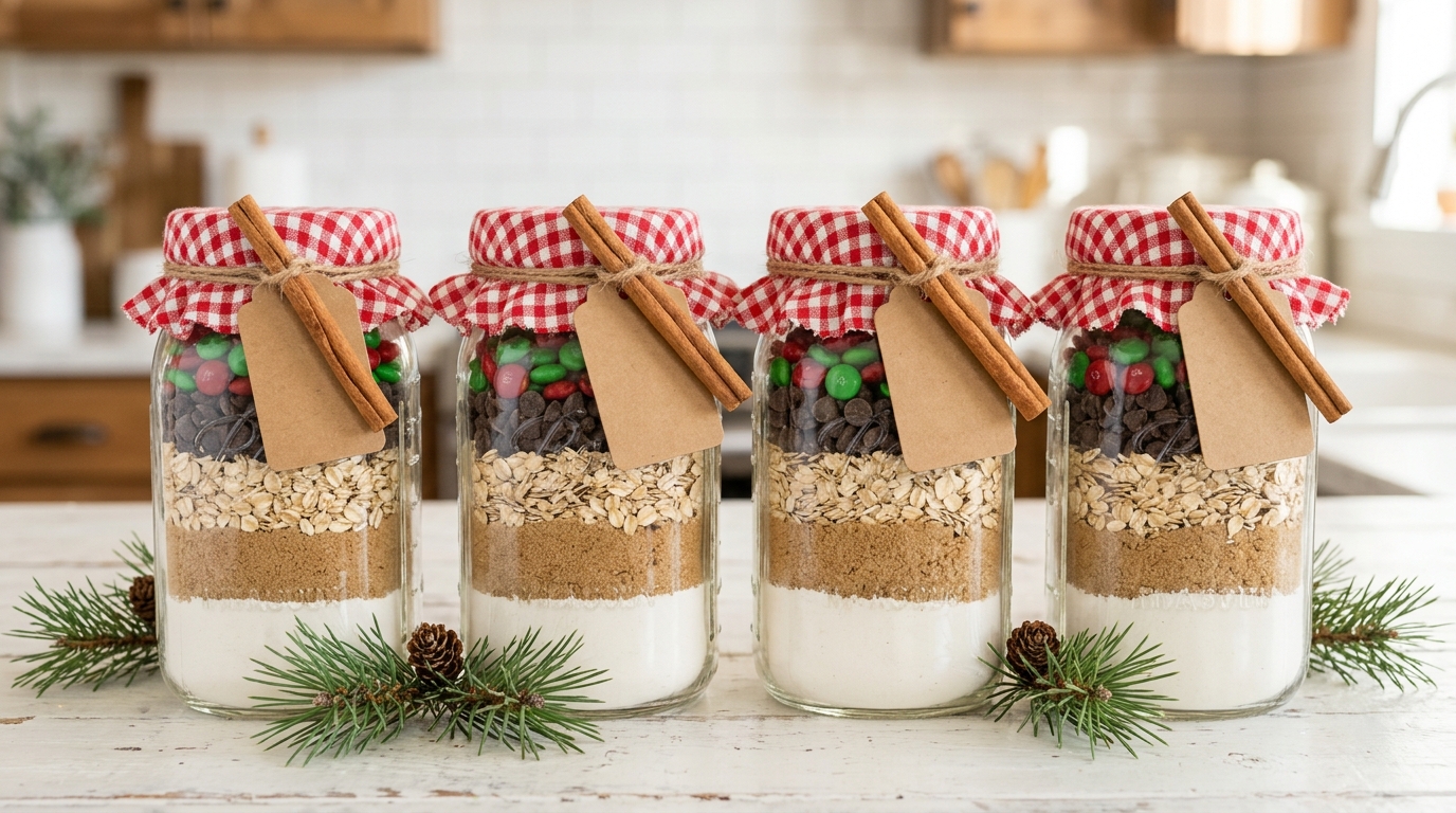 Trisha Yearwood Christmas style gift idea: mason jars layered with cookie mix and topped with red gingham