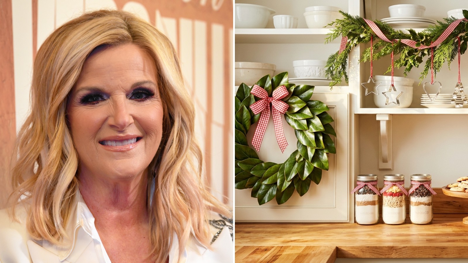 Trisha Yearwood Christmas cover: the country singer on the left and a Southern kitchen with gingham garland, magnolia wreath and cookie mix jars on the right