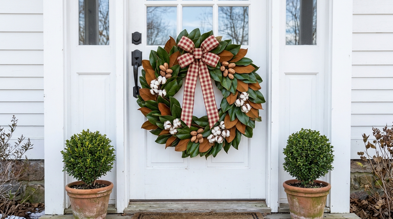 Glossy magnolia leaf wreath with pecans, cotton and a red check bow on a white front door