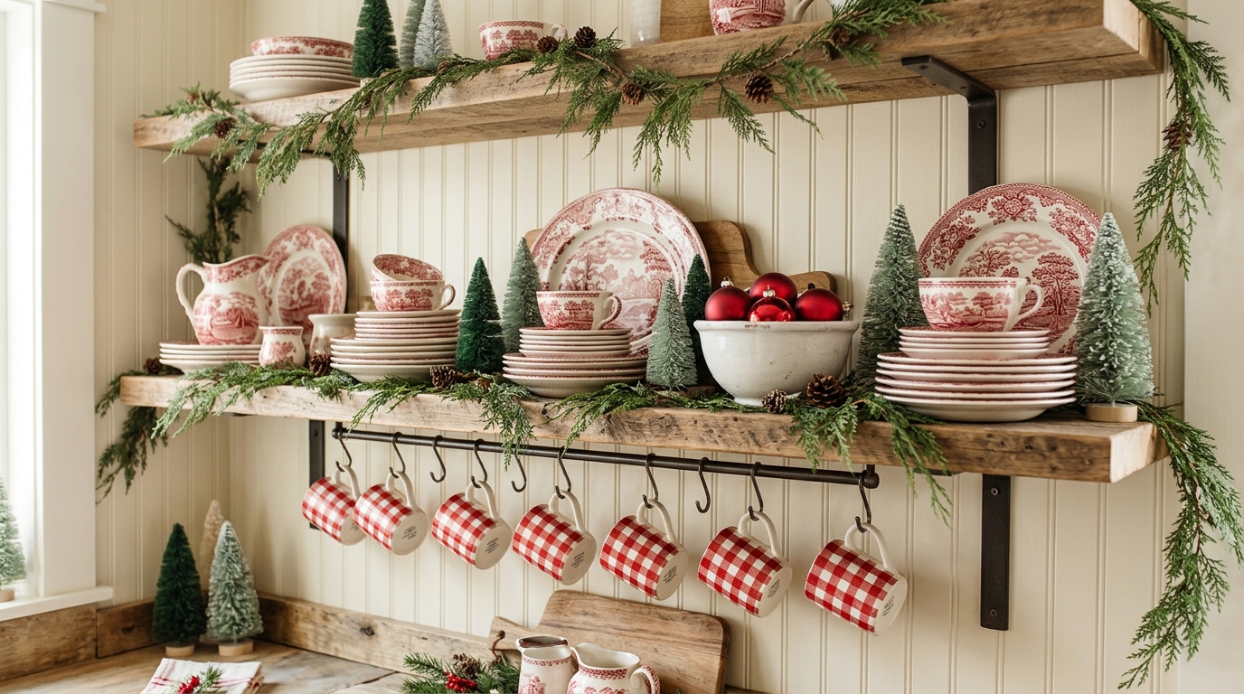 Trisha Yearwood Christmas look with red transferware plates, check mugs and bottle brush trees on open kitchen shelves