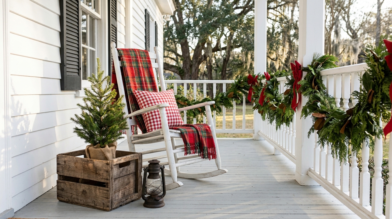 Southern front porch with a white rocking chair, plaid throw, crate tree and garland on the railing