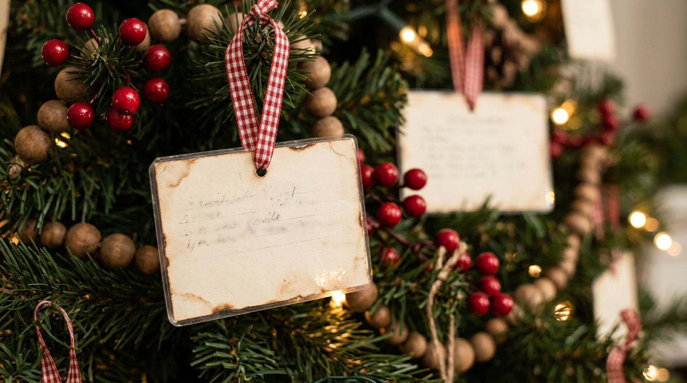 Vintage style recipe card ornaments tied with gingham ribbon on a Christmas tree with red berries