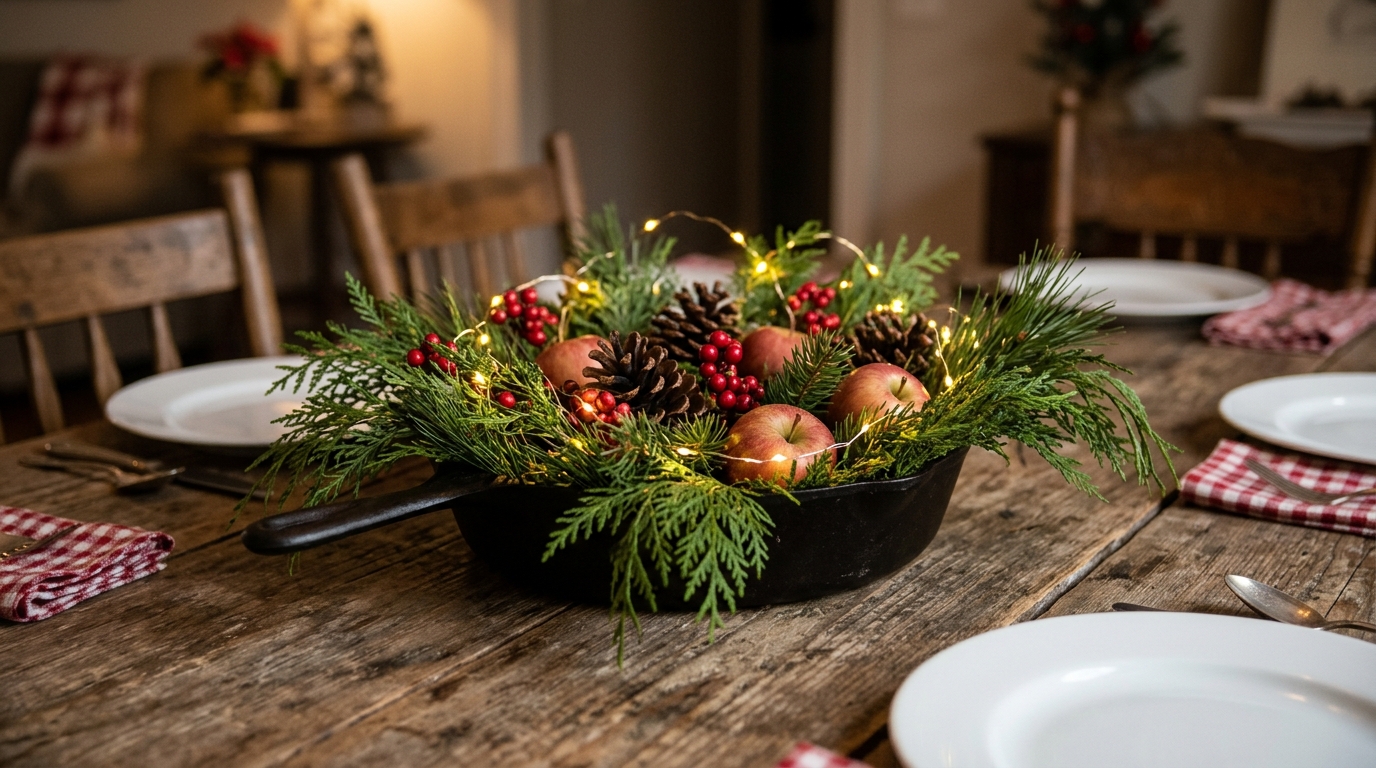 Cast iron skillet filled with pine, pinecones, apples and battery fairy lights as a table centerpiece