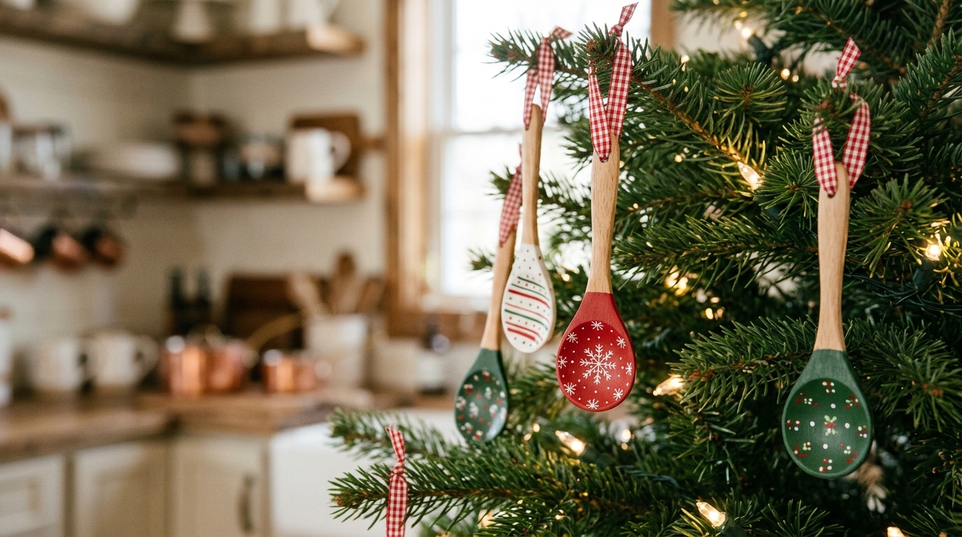 Trisha Yearwood Christmas inspired wooden spoon ornaments painted red, white and green on a tree