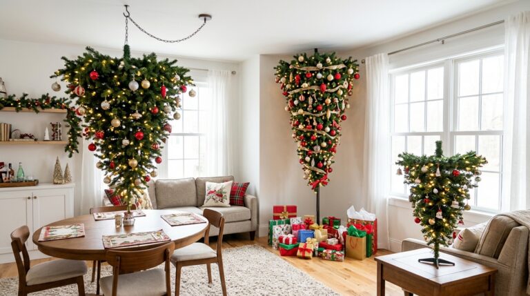 Upside down Christmas tree ideas in a bright living room with three flipped trees