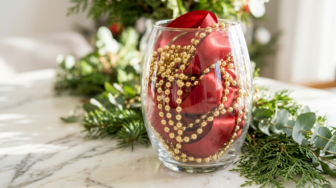Round glass bowl filled with coiled gold bead garland and loops of red satin ribbon on a white marble table with greenery
