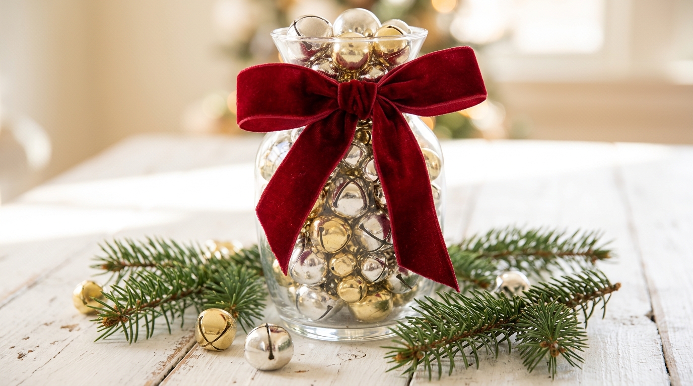 Glass jar filled with silver and gold jingle bells and tied with a red velvet bow on a white table with pine