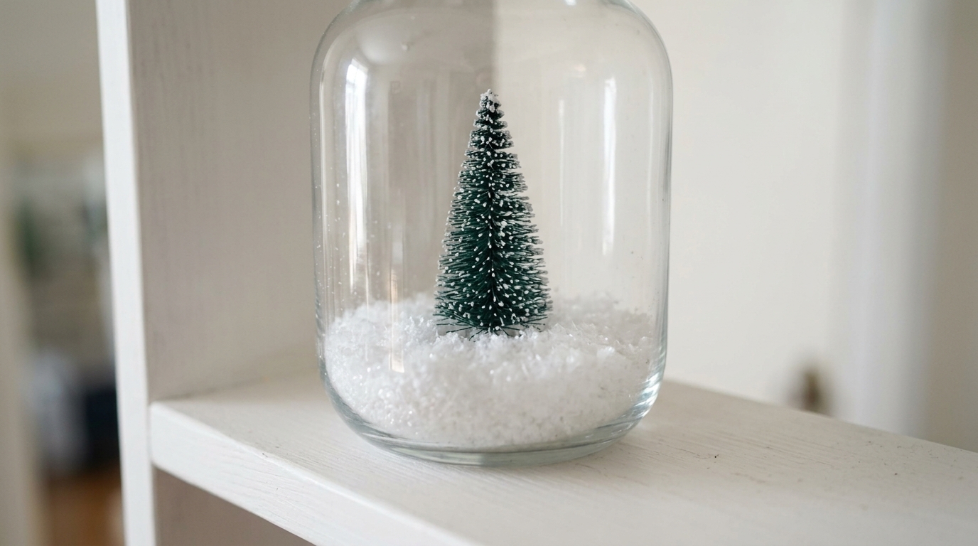 Christmas vase fillers snow scene with white faux snow and one small bottle brush tree inside a clear glass jar on a white shelf