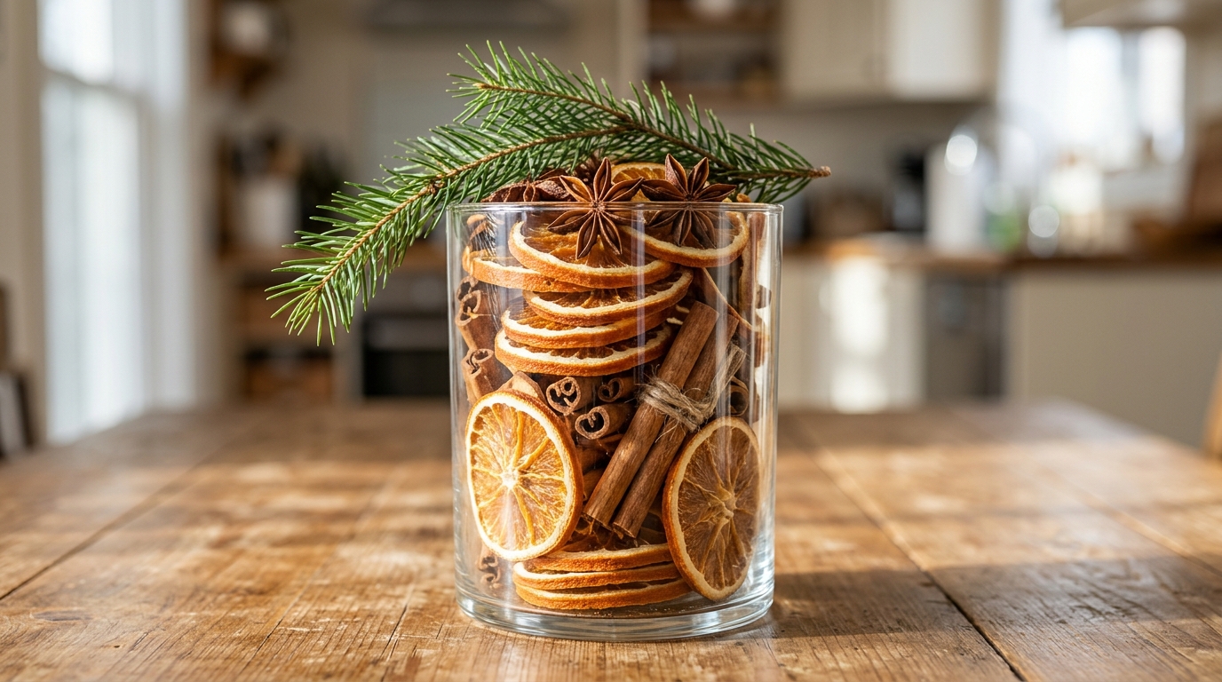 Christmas vase fillers of dried orange slices, cinnamon sticks and star anise layered in a glass vase on a wooden kitchen table