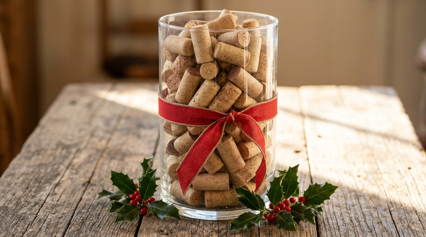 Christmas vase fillers of natural corks in a glass cylinder tied with a red ribbon bow with holly on a rustic wooden table