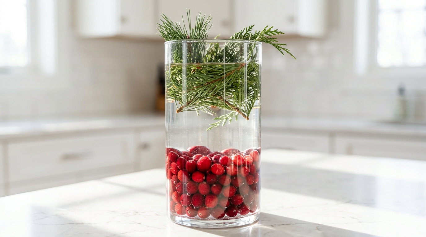 Tall glass cylinder with bright red cranberries in water and pine sprigs floating on top on a white kitchen counter