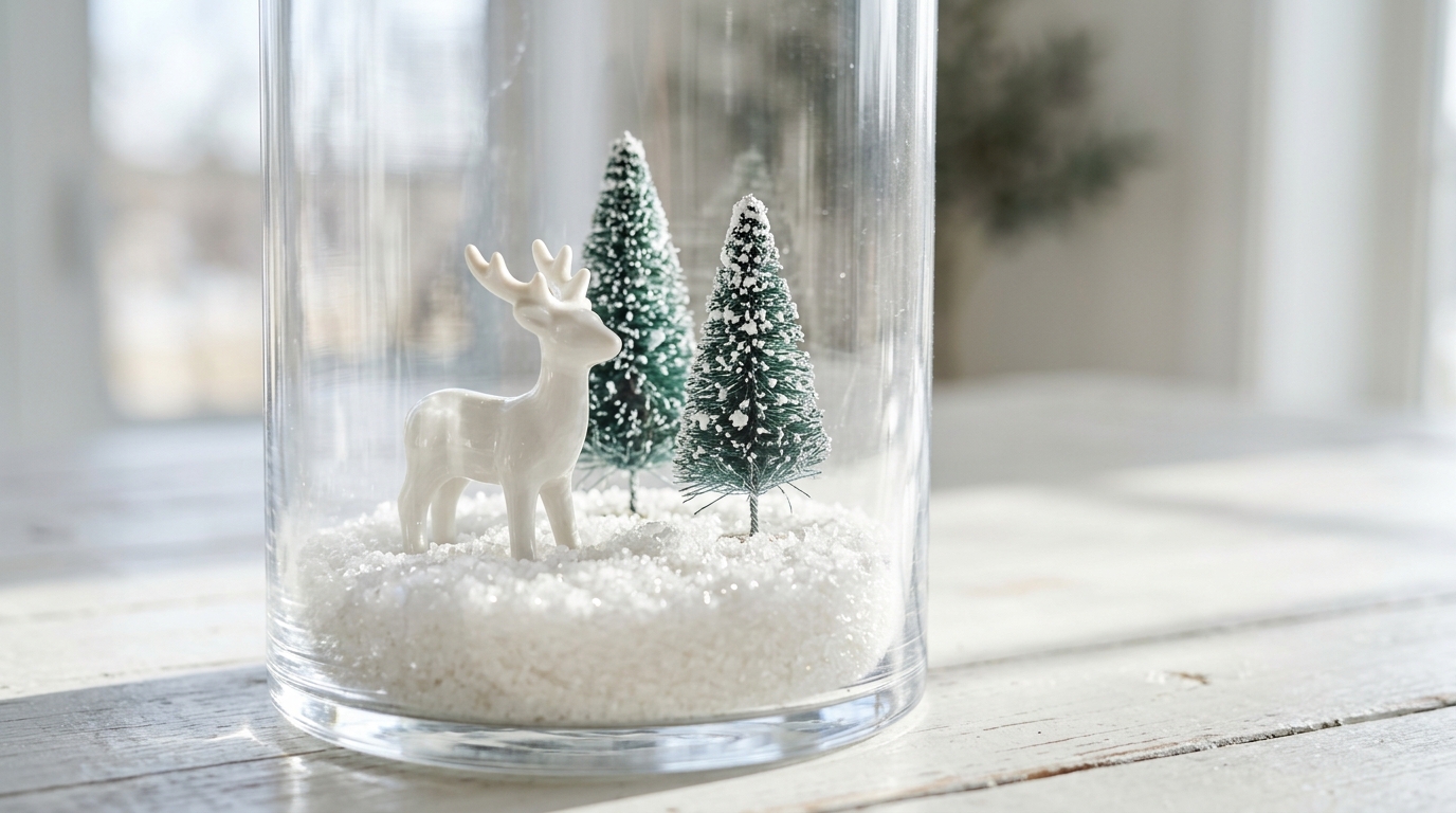 Tall clear glass with sparkly coarse salt snow, a small white ceramic deer and two tiny bottle brush trees on a white table