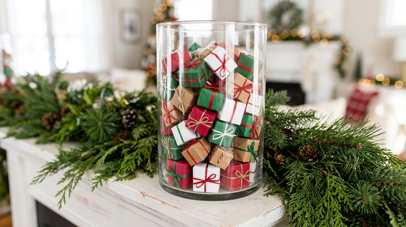 Large glass cylinder filled with tiny wrapped gift boxes in red, green, white and kraft paper on a white mantel