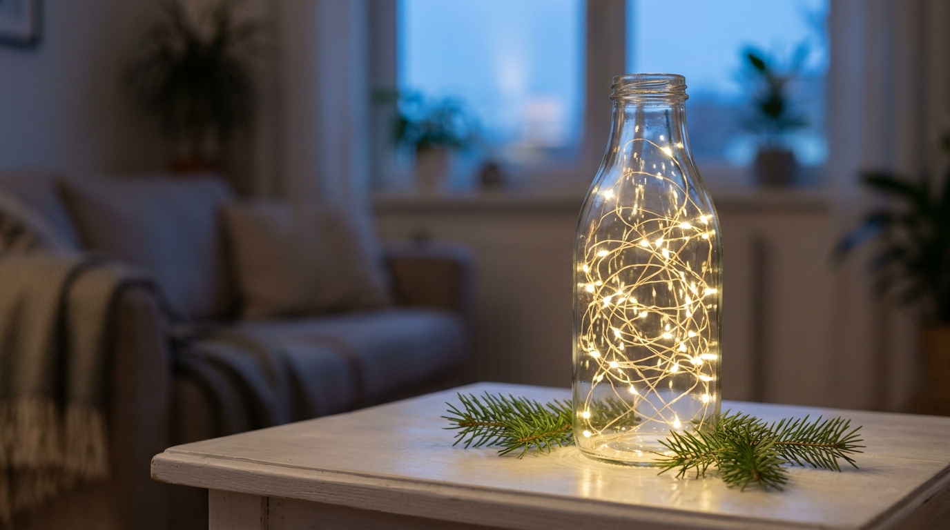 Clear glass bottle filled with tiny warm white fairy string lights glowing on a side table in a cozy living room