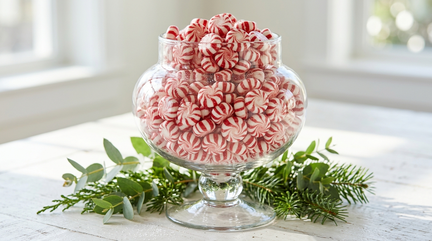 Glass apothecary jar filled to the top with red and white swirl peppermint candies on a white table with greenery