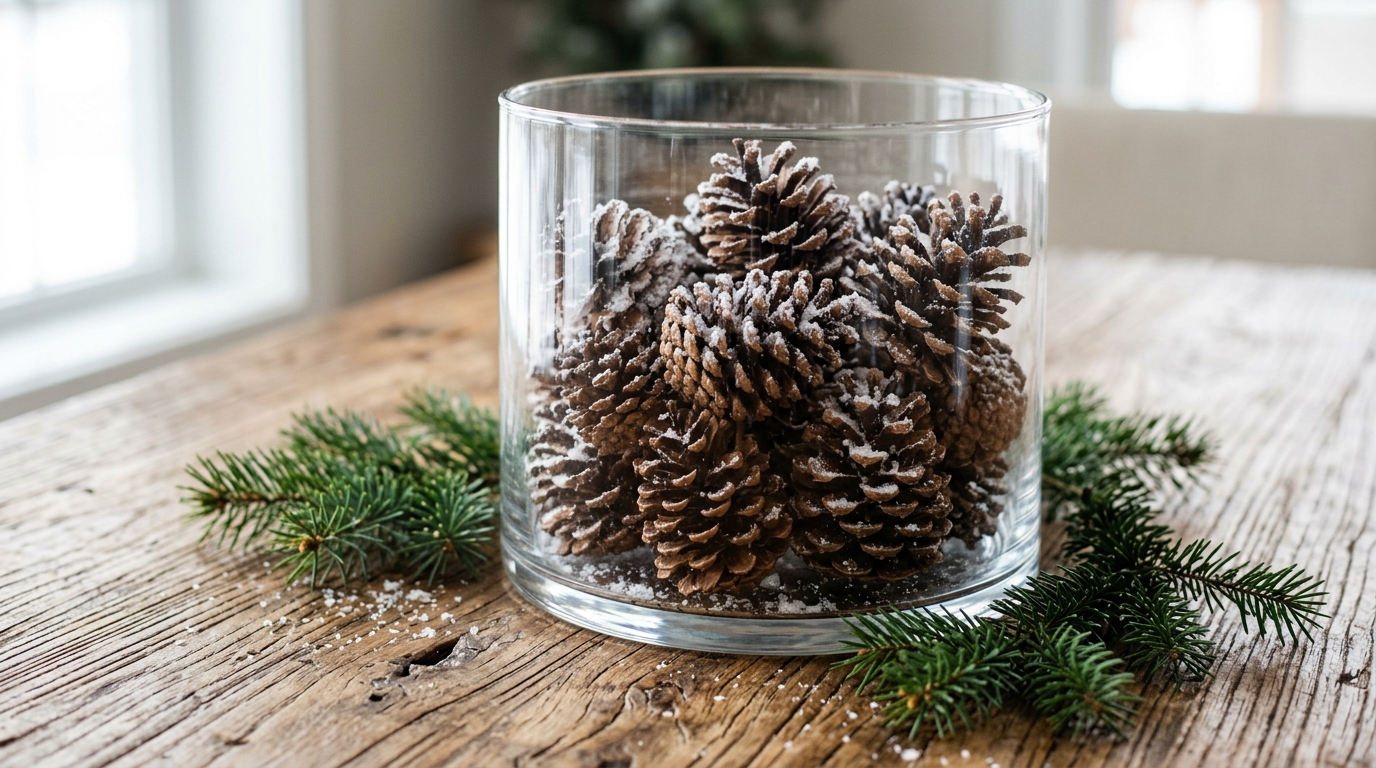 Christmas vase fillers of brown pine cones dusted with white faux snow inside a wide glass hurricane on a rustic table