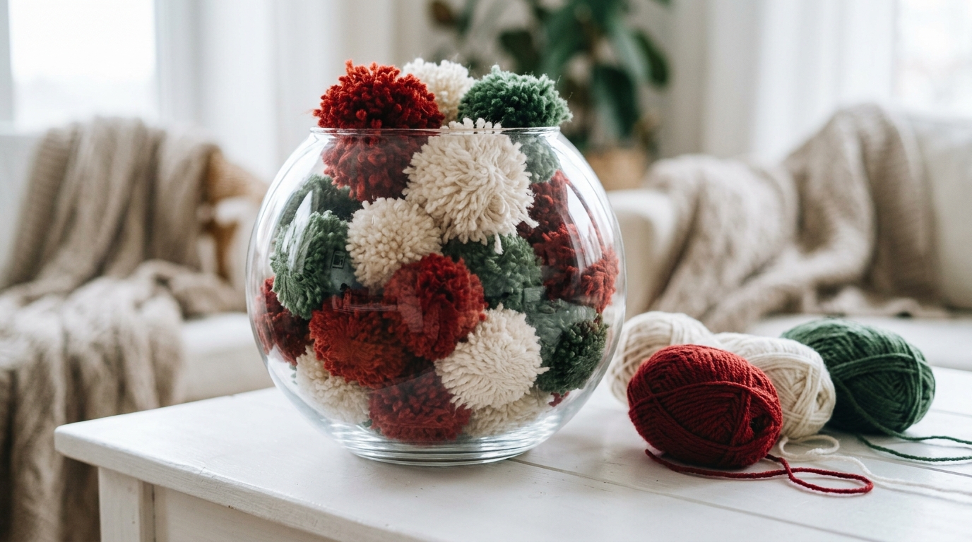 Round glass bubble bowl filled with fluffy red, white and green yarn pom poms on a white table with yarn balls