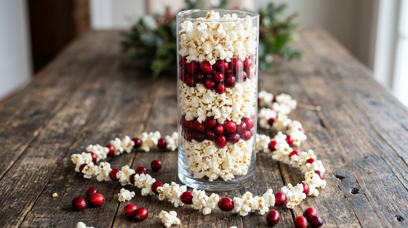 Christmas vase fillers of layered white popcorn and red cranberries in a tall glass vase beside a popcorn garland on a farmhouse table