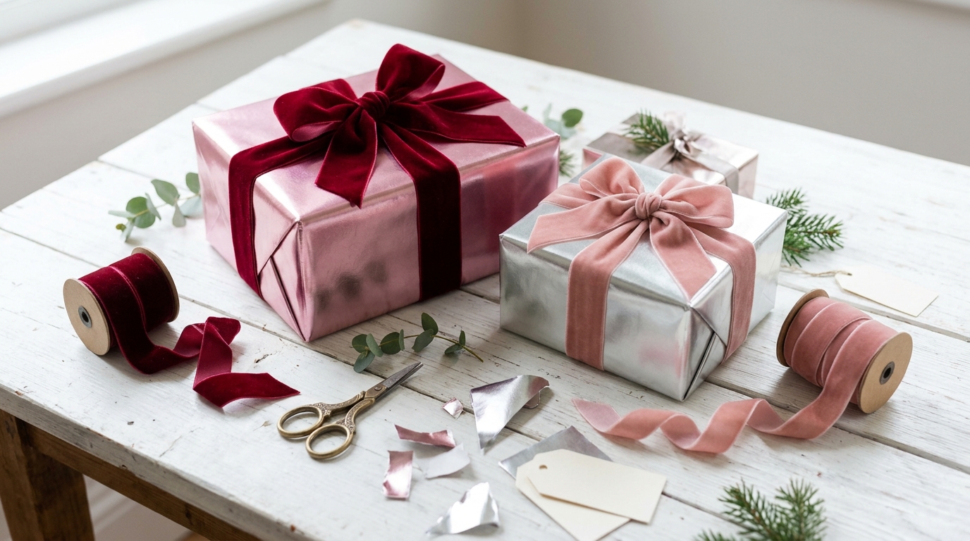 Glam gift boxes wrapped in pink and silver paper with velvet ribbon bows