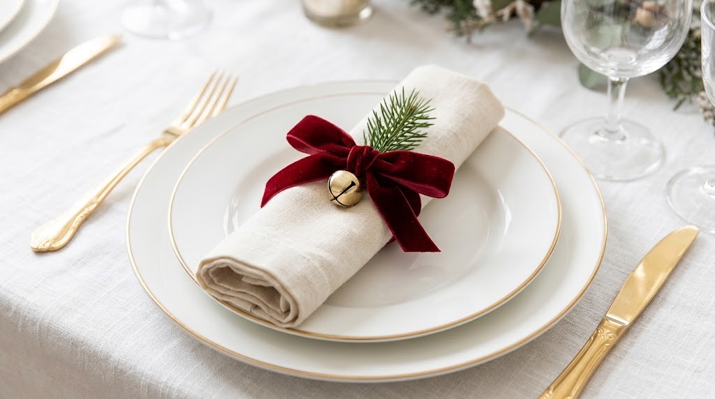 Cream linen napkin tied with a red velvet ribbon and a gold bell