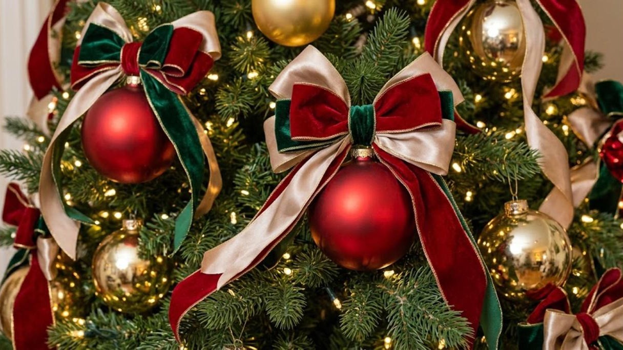 Plain red and gold ornaments upgraded with layered velvet and satin ribbon bows on a lit tree