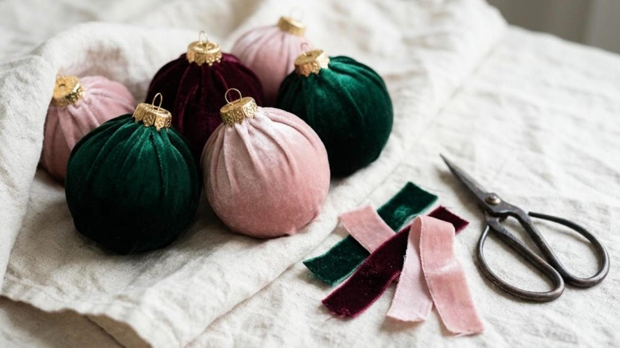 Velvet wrapped ornaments in emerald, burgundy and blush, one of the easiest ornament makeovers