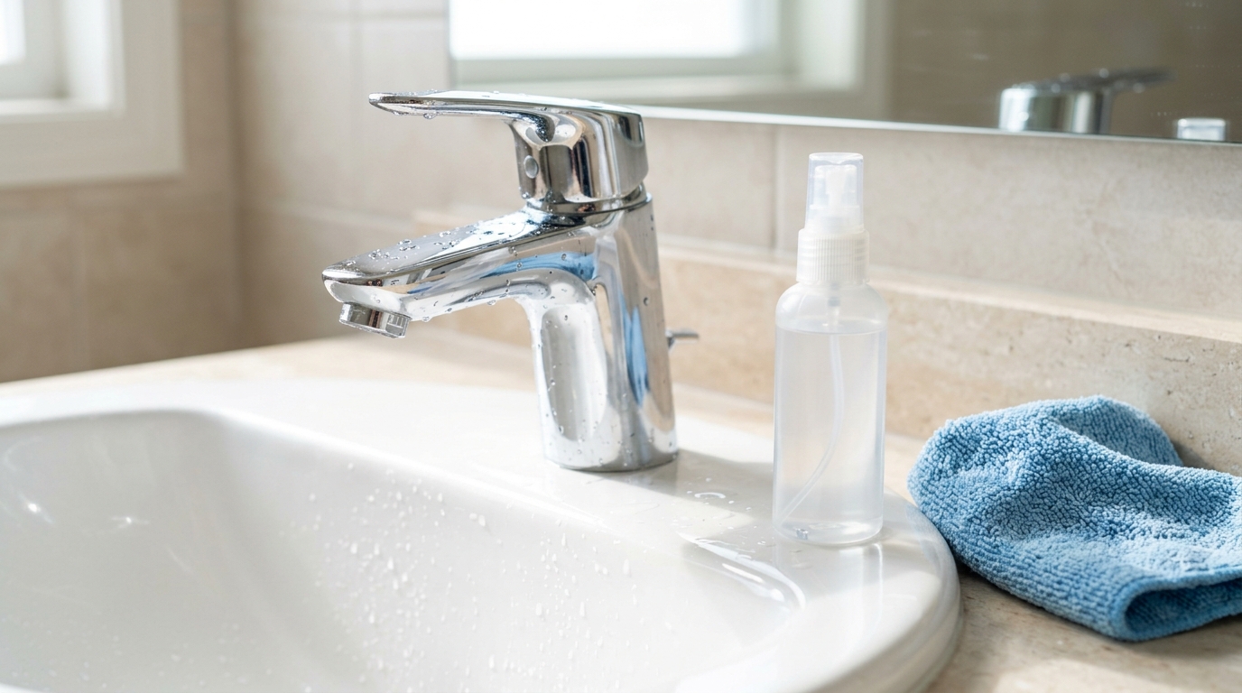 Sparkling clean chrome faucet with a spray bottle of vinegar and a cloth
