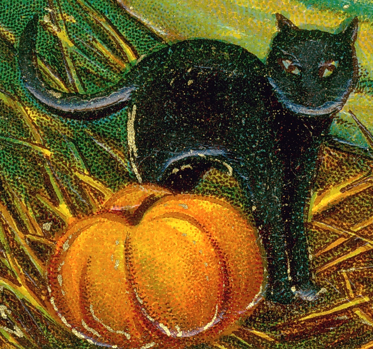 Vintage Halloween art of a black cat arching its back over an orange pumpkin