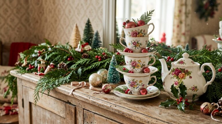 Vintage china Christmas decor: a stacked tower of floral teacups with greenery and red ornaments beside a vintage teapot