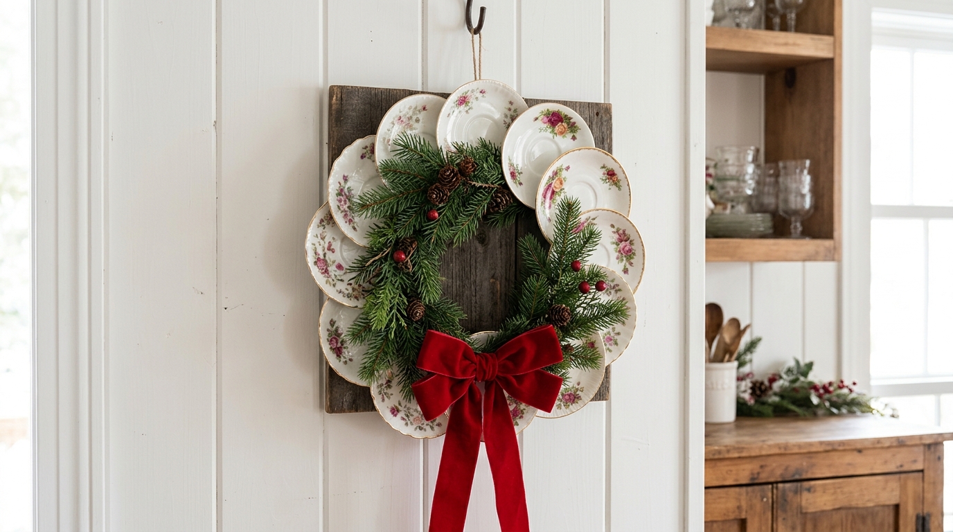 Vintage china Christmas decor for the wall: a wreath of small floral plates with pine and a red bow