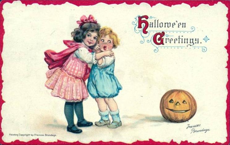 Vintage 1910 Halloween greetings postcard with two children and a jack o lantern