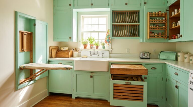 Vintage kitchen features in a sunny mint green kitchen with a pull out cutting board, potato bin drawer, door spice racks and plate rack