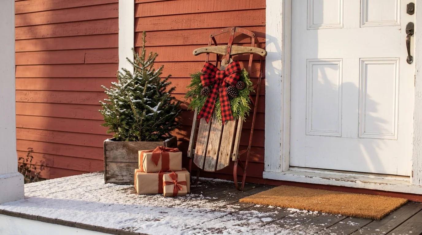 Vintage sled decor on a red farmhouse porch with a buffalo check bow, wrapped gifts and a small tree