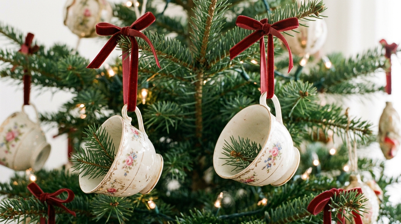 Vintage china Christmas decor on the tree: floral teacups hanging from red velvet ribbons