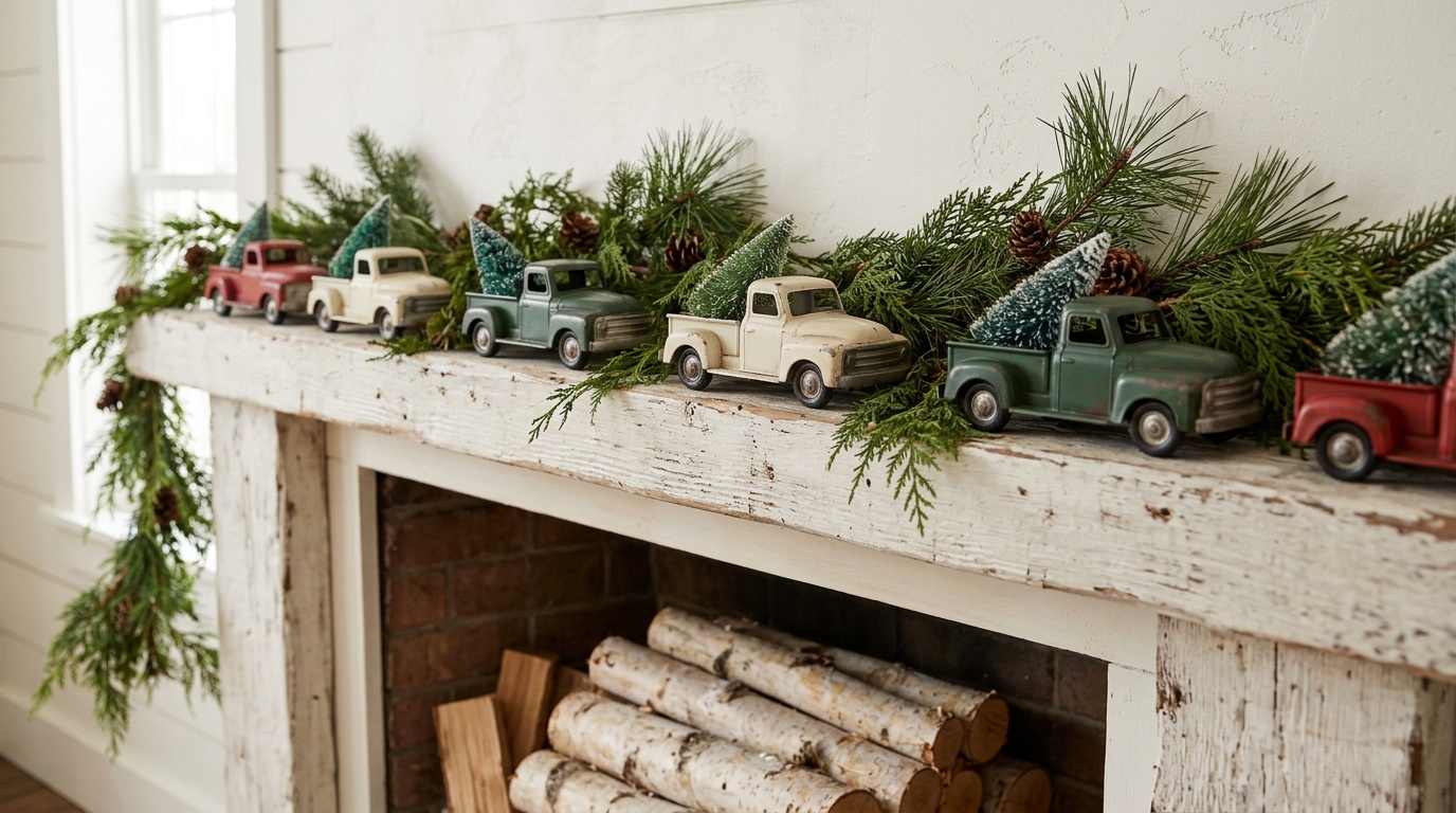 Row of small vintage style toy pickups with bottle brush trees on a farmhouse mantel
