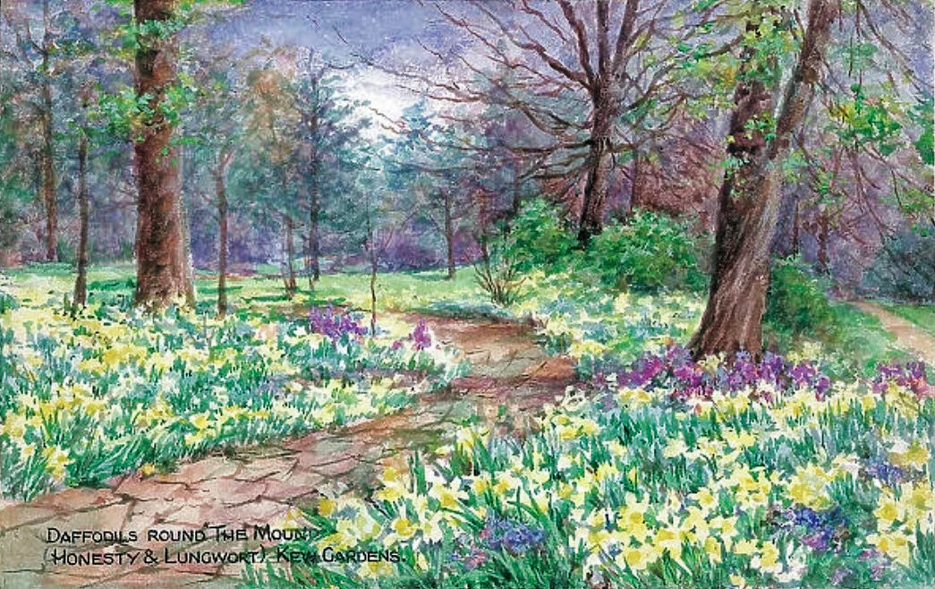 Vintage watercolor painting of daffodils in a spring garden