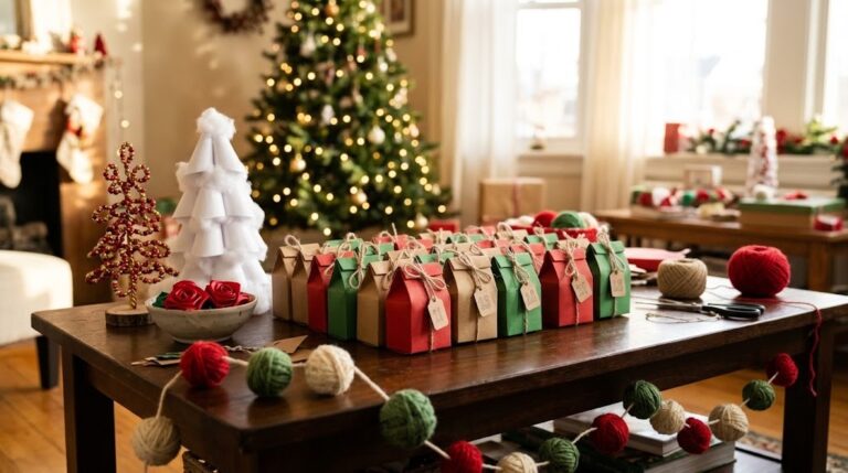 Viral Christmas DIYs: handmade advent calendar boxes, yarn ball garland, snowy paper tree and ribbon roses on a sunlit coffee table