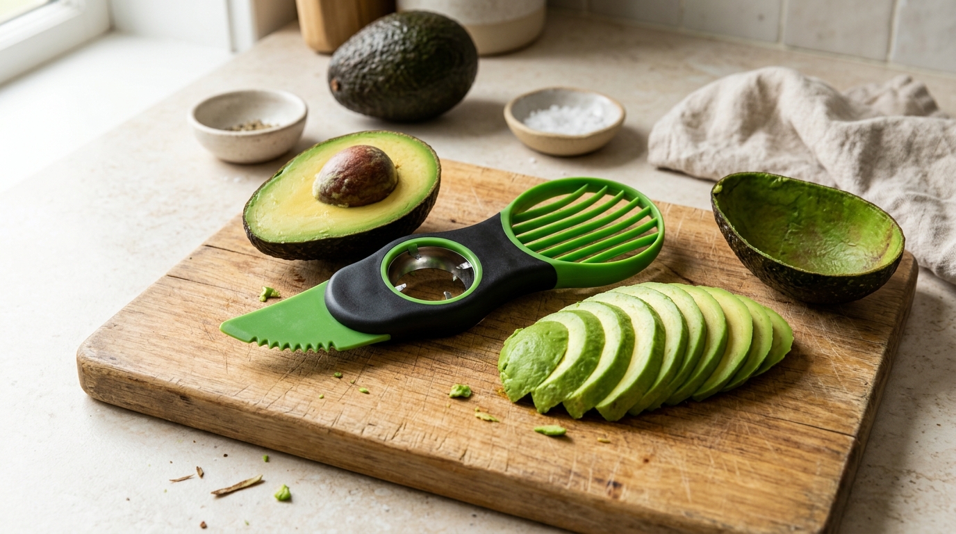 Viral kitchen gadgets: a three in one avocado tool next to a halved avocado and neat slices on a cutting board
