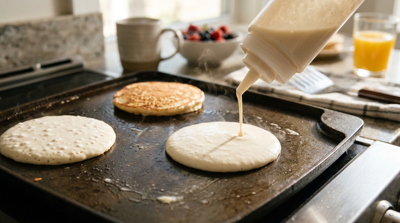 Pancake batter dispenser bottle pouring round pancakes onto a griddle in morning light