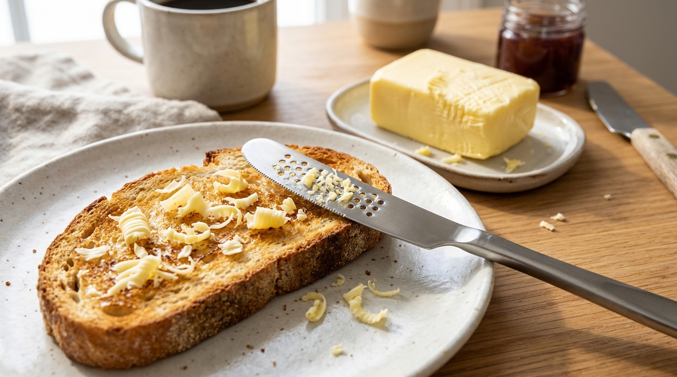 Butter spreader knife with grater holes making butter curls on toast