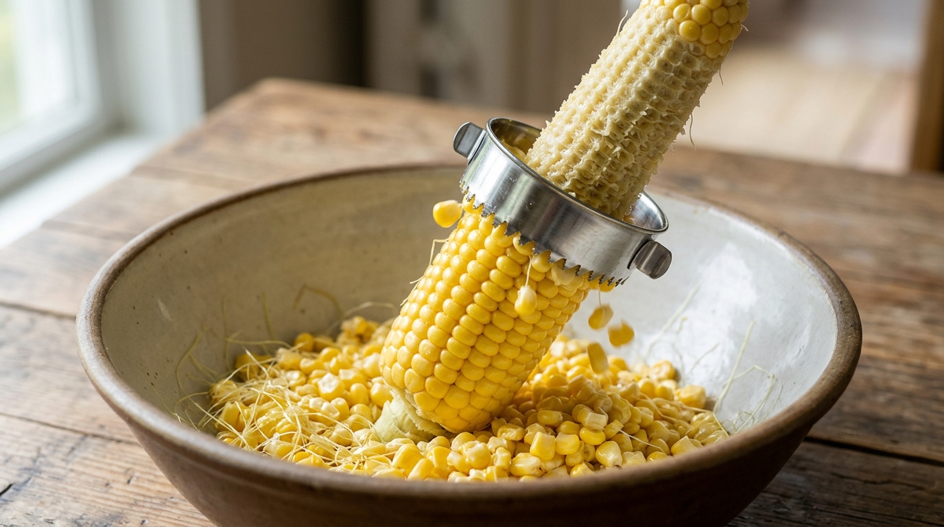 Viral kitchen gadgets: a round corn kernel stripper ring sliding down a cob of yellow corn into a bowl