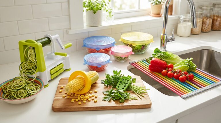 Viral kitchen gadgets on a bright counter: a spiral cutter making zucchini noodles, a corn stripper, stretch lids and a roll up rack