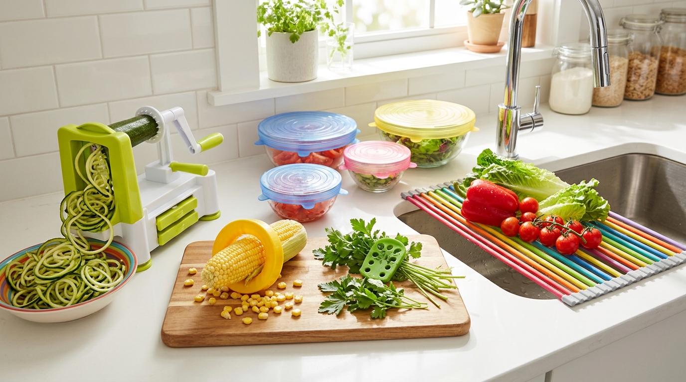 Viral kitchen gadgets on a bright counter: a spiral cutter making zucchini noodles, a corn stripper, stretch lids and a roll up rack